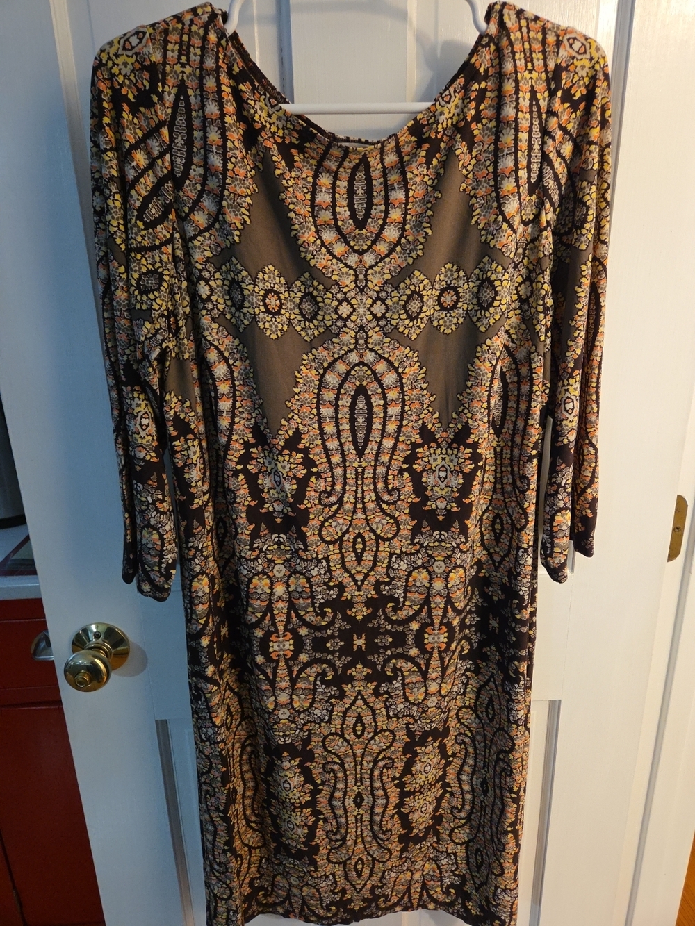 London Times Black Dress with Gold and Tan Ornate Print